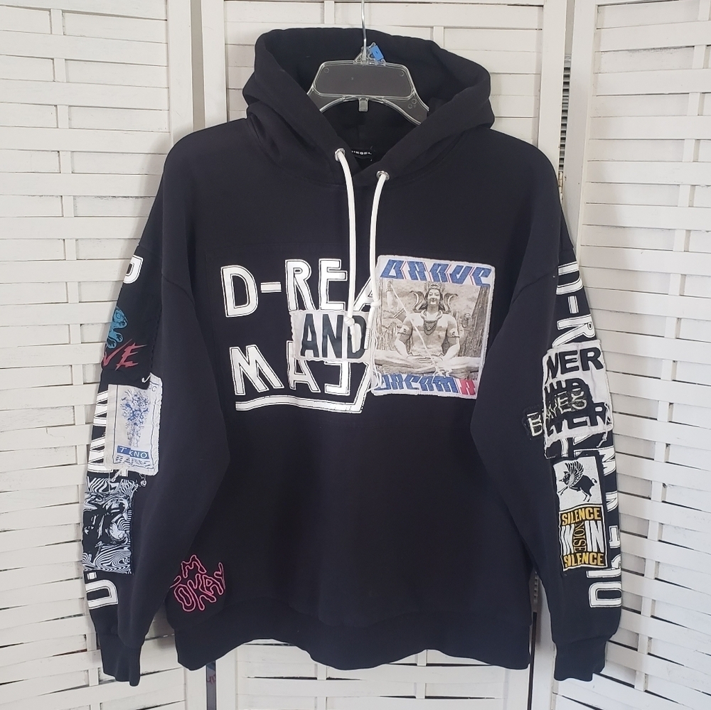 Diesel S Jack Ws Black Hoodie with Graphic Patches Size M